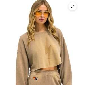 Aviator Nation Faded Tan Bolt Stitch Cropped Sweatshirt